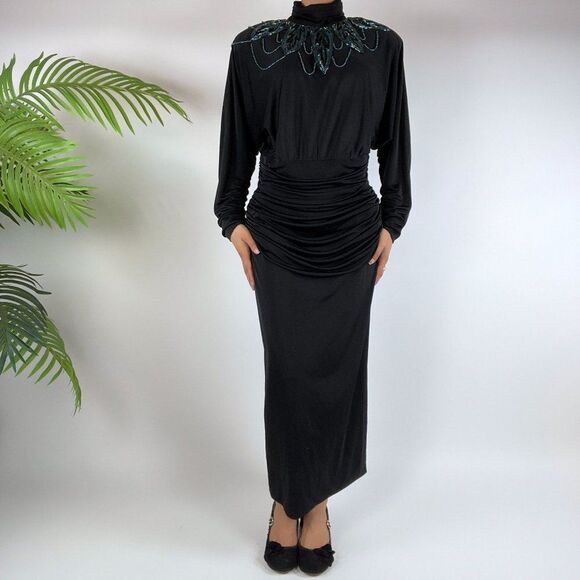 Vintage 80s Black Retro Whimsigoth Ruched Beaded Maxi Evening Dress / Size: M - Picture 4 of 5